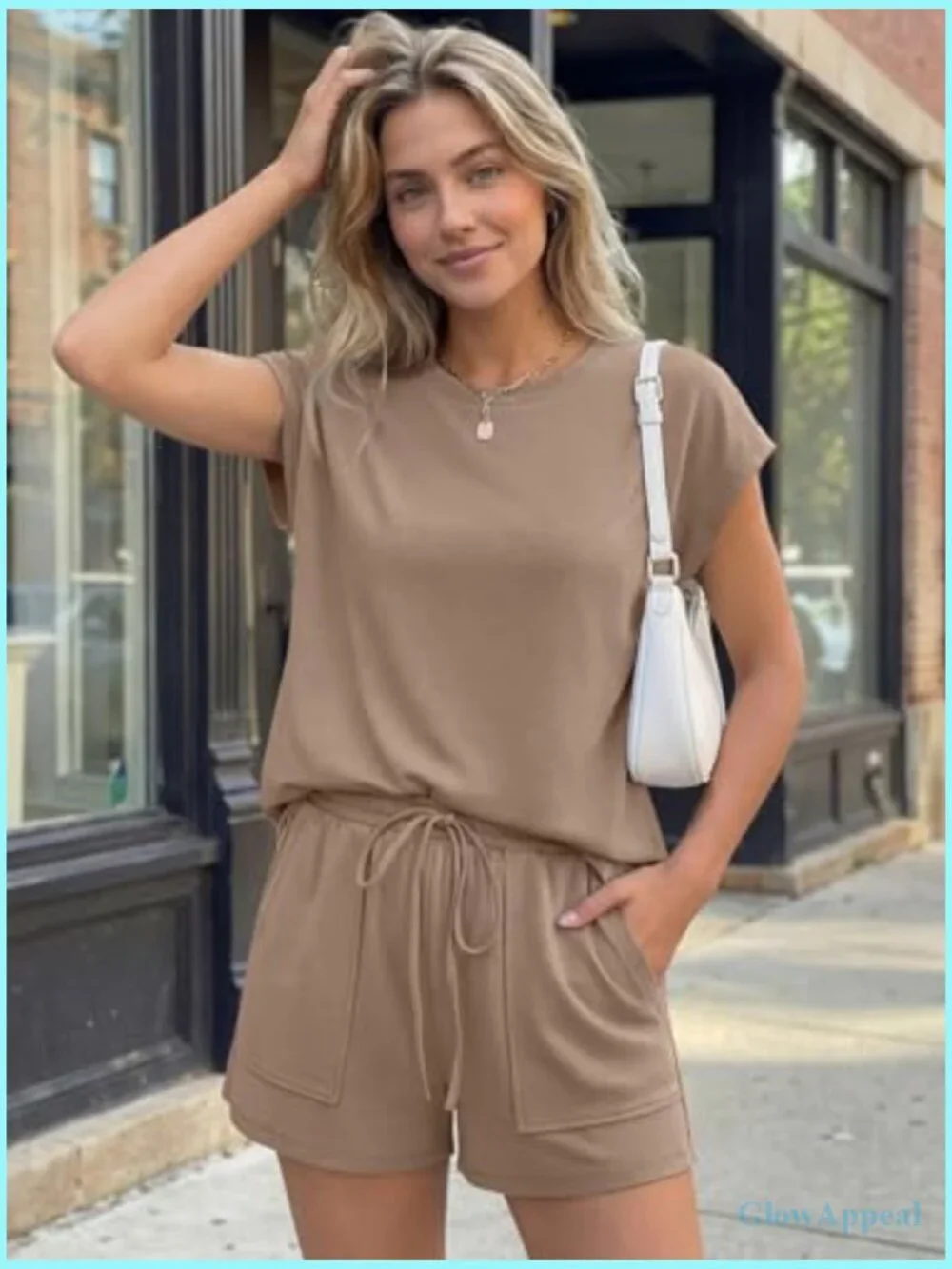 Two Piece Short Set Cap Sleeve Drawstring Summer Sweatsuit with Pocket